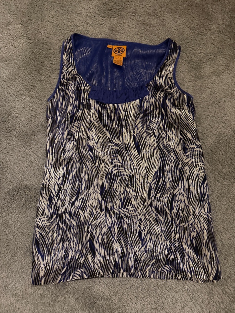 Tory Burch Navy Blue and White Printed Sleeveless Tank